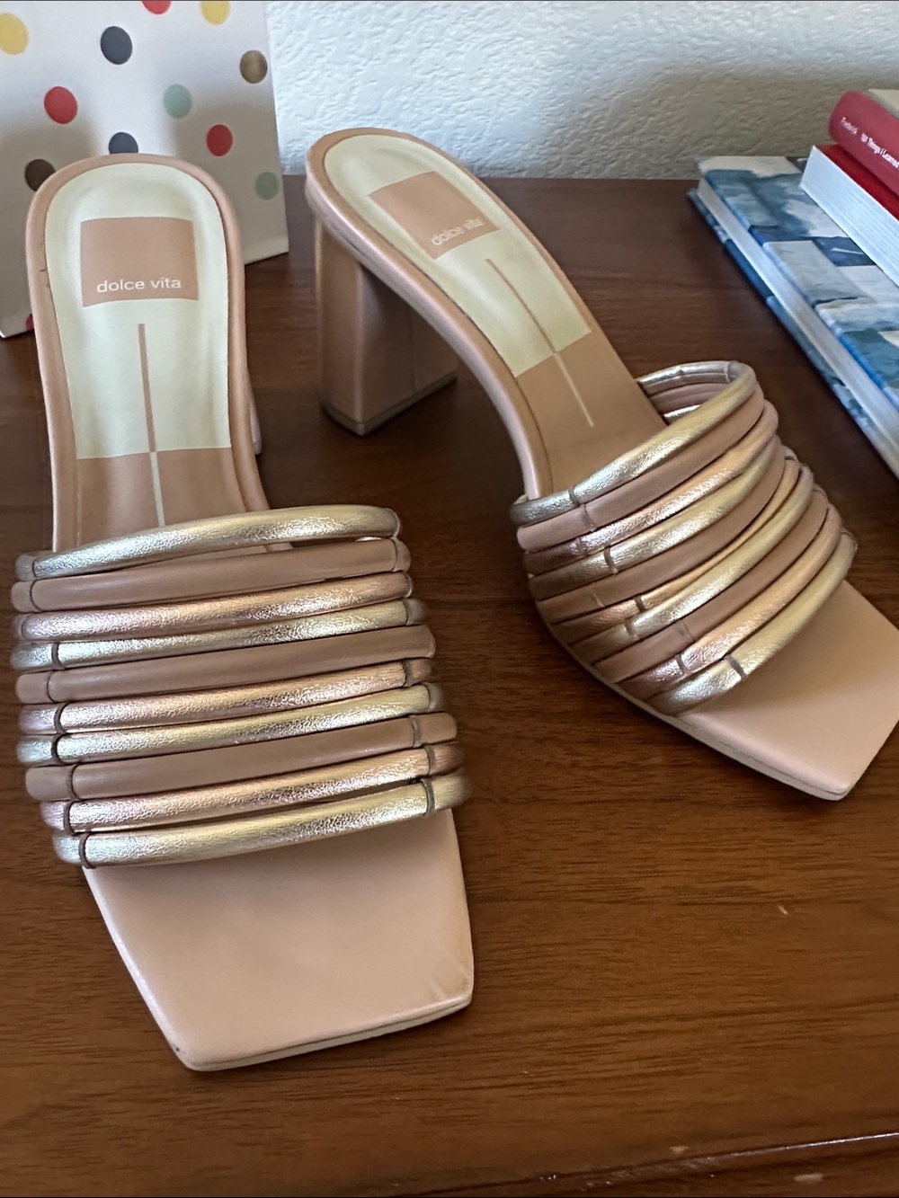 Dolce Vita Metallic Rose Gold and Nude Strappy Block Heel Mules